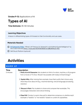 Grades 9-12 Types of AI Course Lesson Plan